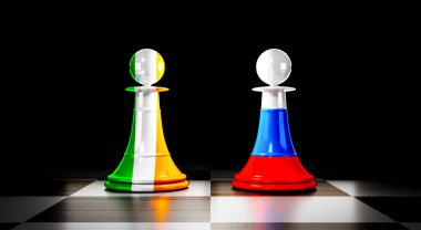 İrlanda ve Rusya ilişkileri, ulusal bayraklı satranç piyonları - 3D illüstrasyon