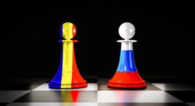 Romanya ve Rusya ilişkileri, ulusal bayraklı satranç piyonları - 3D illüstrasyon