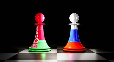 Belarus ve Rusya ilişkileri, ulusal bayraklı satranç piyonları - 3 boyutlu illüstrasyon