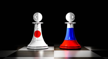 Japonya ve Rusya ilişkileri, ulusal bayraklı satranç piyonları - 3D illüstrasyon