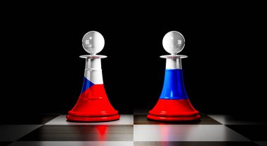 Çek Cumhuriyeti ve Rusya ilişkileri, ulusal bayraklı satranç piyonları - 3D illüstrasyon