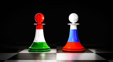 Macaristan ve Rusya ilişkileri, ulusal bayraklı satranç piyonları - 3D illüstrasyon