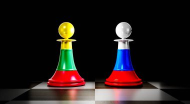 Litvanya ve Rusya ilişkileri, ulusal bayraklı satranç piyonları - 3 boyutlu illüstrasyon