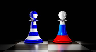 Yunanistan ve Rusya ilişkileri, ulusal bayraklı satranç piyonları - 3D illüstrasyon