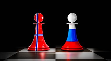 Norveç ve Rusya ilişkileri, ulusal bayraklı satranç piyonları - 3D illüstrasyon