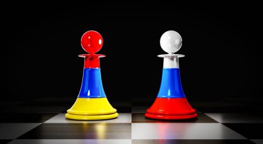 Ermenistan ve Rusya ilişkileri, ulusal bayraklı satranç piyonları - 3 boyutlu illüstrasyon