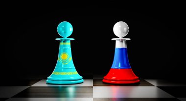 Kazakistan ve Rusya ilişkileri, ulusal bayraklı satranç piyonları - 3 boyutlu illüstrasyon