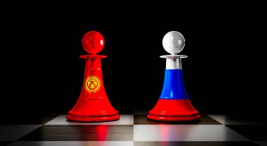 Kırgızistan ve Rusya ilişkileri, ulusal bayraklı satranç piyonları - 3 boyutlu illüstrasyon