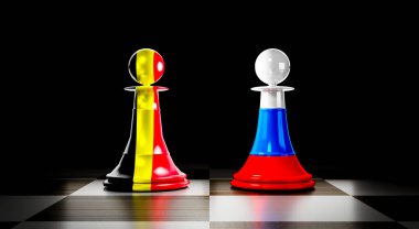 Belçika ve Rusya ilişkileri, ulusal bayraklı satranç piyonları - 3D illüstrasyon