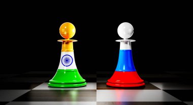 Hindistan ve Rusya ilişkileri, ulusal bayraklı satranç piyonları - 3 boyutlu illüstrasyon