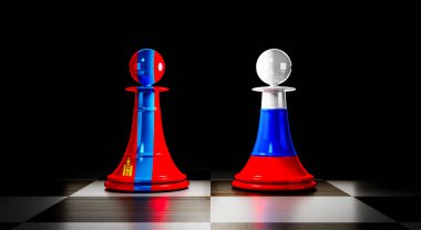 Moğolistan ve Rusya ilişkileri, ulusal bayraklı satranç piyonları - 3 boyutlu illüstrasyon