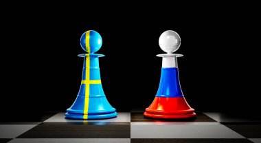 İsveç ve Rusya ilişkileri, ulusal bayraklı satranç piyonları - 3D illüstrasyon