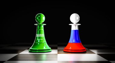 Suudi Arabistan ve Rusya ilişkileri, ulusal bayraklı satranç piyonları - 3D illüstrasyon