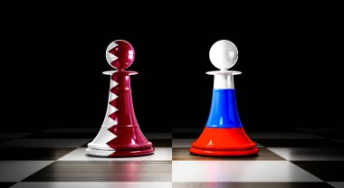 Katar ve Rusya ilişkileri, ulusal bayraklı satranç piyonları - 3D illüstrasyon