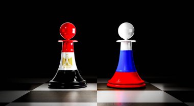 Mısır ve Rusya ilişkileri, ulusal bayraklı satranç piyonları - 3 boyutlu illüstrasyon