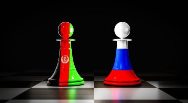 Afganistan ve Rusya ilişkileri, ulusal bayraklı satranç piyonları - 3 boyutlu illüstrasyon