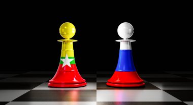 Myanmar ve Rusya ilişkileri, ulusal bayraklı satranç piyonları - 3 boyutlu illüstrasyon