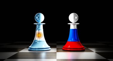 Arjantin ve Rusya ilişkileri, ulusal bayraklı satranç piyonları - 3 boyutlu illüstrasyon