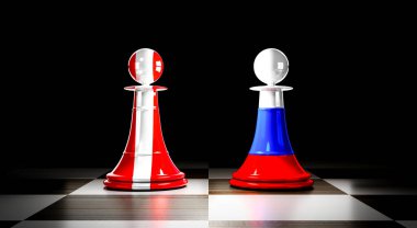 Avusturya ve Rusya ilişkileri, ulusal bayraklı satranç piyonları - 3D illüstrasyon