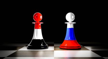 Yemen ve Rusya ilişkileri, ulusal bayraklı satranç piyonları - 3 boyutlu illüstrasyon