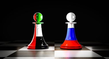 Birleşik Arap Emirlikleri ve Rusya ilişkileri, ulusal bayraklı satranç piyonları - 3 boyutlu illüstrasyon