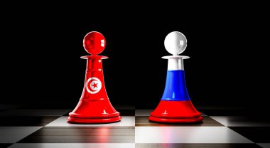 Tunus ve Rusya ilişkileri, ulusal bayraklı satranç piyonları - 3D illüstrasyon