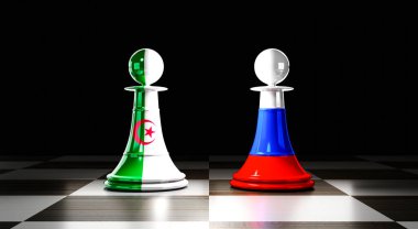 Cezayir ve Rusya ilişkileri, ulusal bayraklı satranç piyonları - 3D illüstrasyon