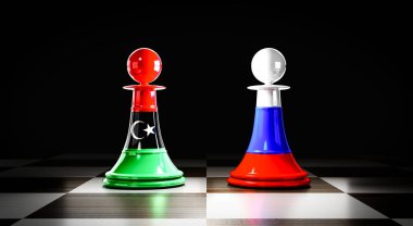 Libya ve Rusya ilişkileri, ulusal bayraklı satranç piyonları - 3D illüstrasyon