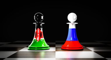 Kenya ve Rusya ilişkileri, ulusal bayraklı satranç piyonları - 3D illüstrasyon