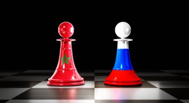 Fas ve Rusya ilişkileri, ulusal bayraklı satranç piyonları - 3 boyutlu illüstrasyon