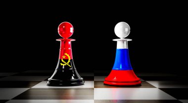 Angola ve Rusya ilişkileri, ulusal bayraklı satranç piyonları - 3 boyutlu illüstrasyon