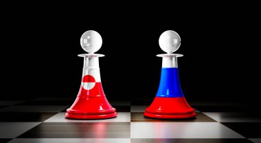 Grönland ve Rusya ilişkileri, ulusal bayraklı satranç piyonları - 3D illüstrasyon