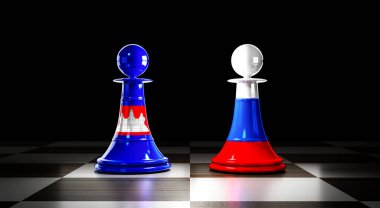 Kamboçya ve Rusya ilişkileri, ulusal bayraklı satranç piyonları - 3 boyutlu illüstrasyon