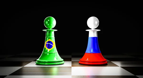 巴西和俄罗斯的关系 有国旗的棋子 3D插图 — 图库照片