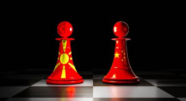 Kuzey Makedonya ve Çin ilişkileri, ulusal bayraklı satranç piyonları - 3D illüstrasyon