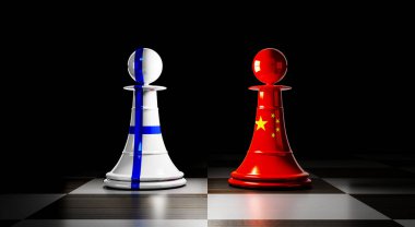 Finlandiya ve Çin ilişkileri, ulusal bayraklı satranç piyonları - 3D illüstrasyon