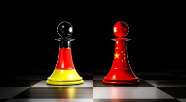 Almanya ve Çin ilişkileri, ulusal bayraklı satranç piyonları - 3 boyutlu illüstrasyon