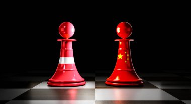 Letonya ve Çin ilişkileri, ulusal bayraklı satranç piyonları - 3 boyutlu illüstrasyon