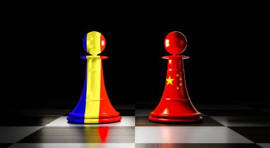 Romanya ve Çin ilişkileri, ulusal bayraklı satranç piyonları - 3D illüstrasyon