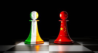 İrlanda ve Çin ilişkileri, ulusal bayraklı satranç piyonları - 3D illüstrasyon