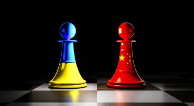 Ukrayna ve Çin ilişkileri, ulusal bayraklı satranç piyonları - 3 boyutlu illüstrasyon