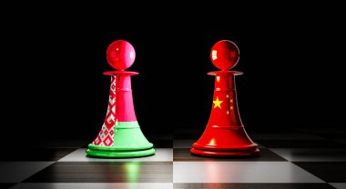 Belarus ve Çin ilişkileri, ulusal bayraklı satranç piyonları - 3 boyutlu illüstrasyon