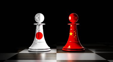 Japonya ve Çin ilişkileri, ulusal bayraklı satranç piyonları - 3 boyutlu illüstrasyon