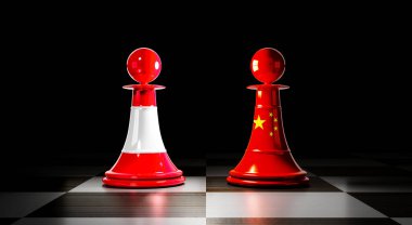 Avusturya ve Çin ilişkileri, ulusal bayraklı satranç piyonları - 3 boyutlu illüstrasyon