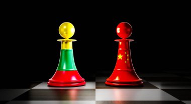 Litvanya ve Çin ilişkileri, ulusal bayraklı satranç piyonları - 3 boyutlu illüstrasyon