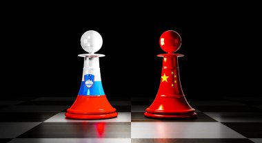 Slovenya ve Çin ilişkileri, ulusal bayraklı satranç piyonları - 3D illüstrasyon