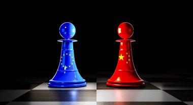 Avrupa Birliği ve Çin ilişkileri, ulusal bayraklı satranç piyonları - 3D illüstrasyon