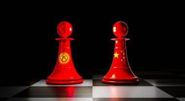 Kırgızistan ve Çin ilişkileri, ulusal bayraklı satranç piyonları - 3 boyutlu illüstrasyon