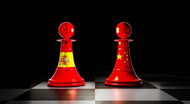 İspanya ve Çin ilişkileri, ulusal bayraklı satranç piyonları - 3 boyutlu illüstrasyon