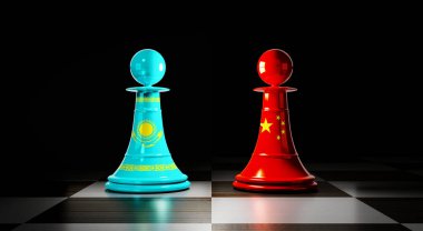 Kazakistan ve Çin ilişkileri, ulusal bayraklı satranç piyonları - 3 boyutlu illüstrasyon